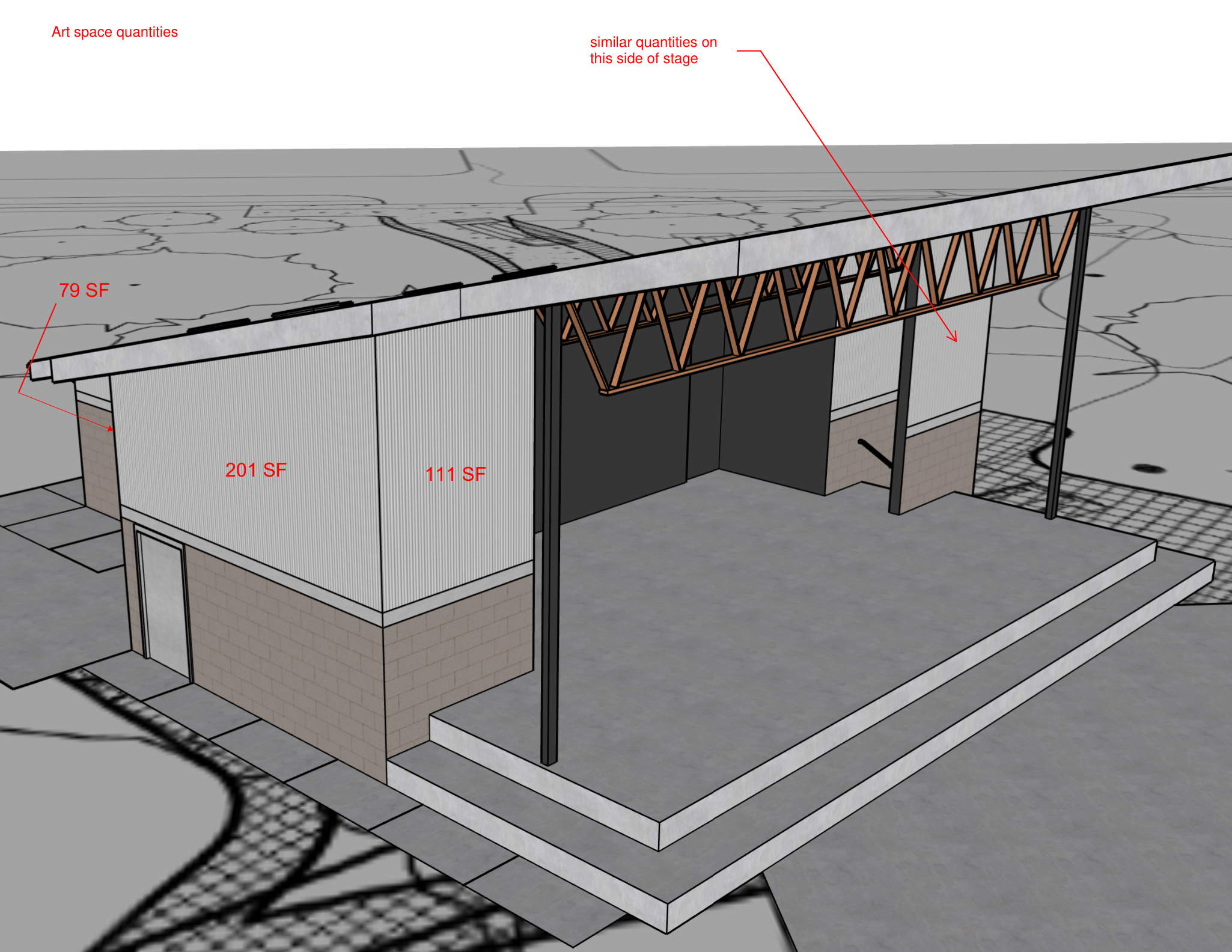 Art space quantities on the proposed stage showing 201 SF, 111 SF, and 79 SF mural wall areas