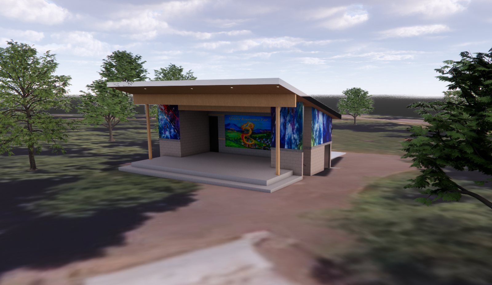 Architect's rendering of the proposed East City Park stage, a covered concrete stage with murals shown on three wall faces