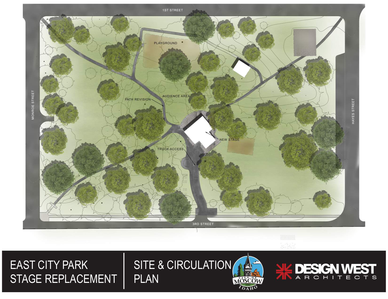 East City Park site and circulation plan showing proposed stage location